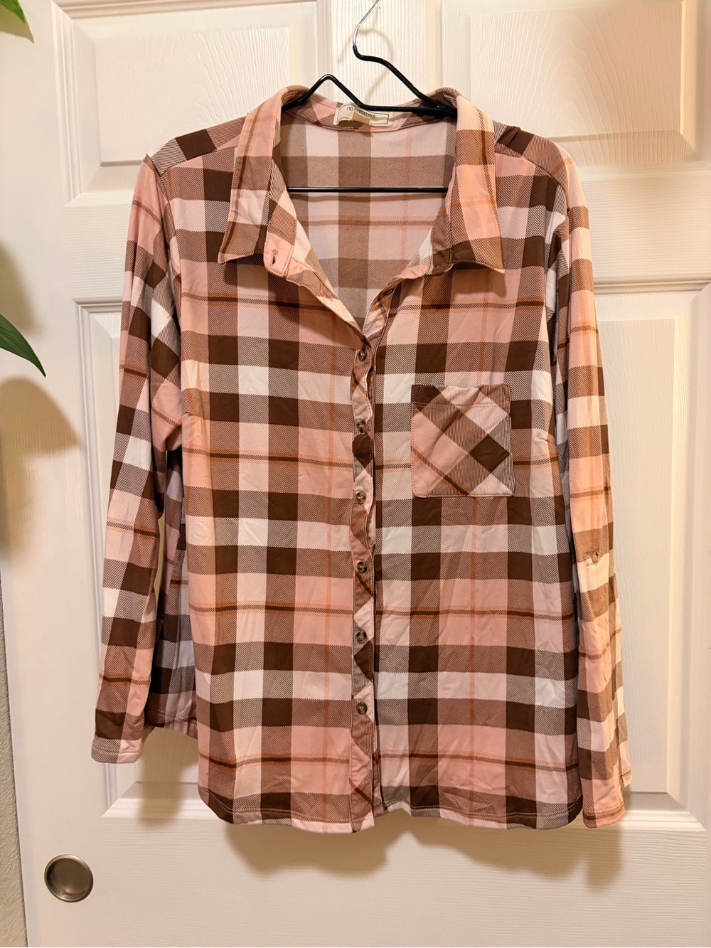 Relaxed Pink and Brown Plaid Button-Down Shirt